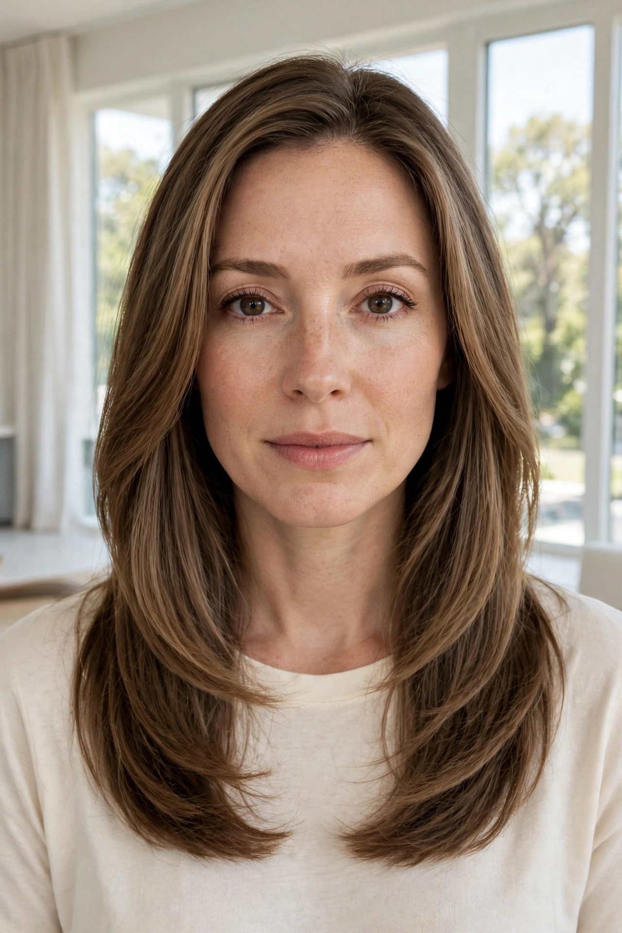 A woman with long, smoothly layered brown hair and softly blended ends, standing in a bright room with large windows and gentle daylight, wearing a simple cream top, facing the camera, her layers falling in one seamless, smooth shape around her face and shoulders.