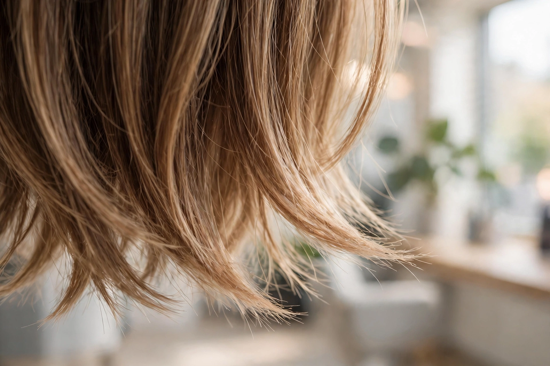 Close-up of the ends of a woman's layered brown hair with lighter blonde-highlighted tips, showing the soft, seamless blend and smooth tapered tips, photographed in a bright salon setting with a soft, blurred background.