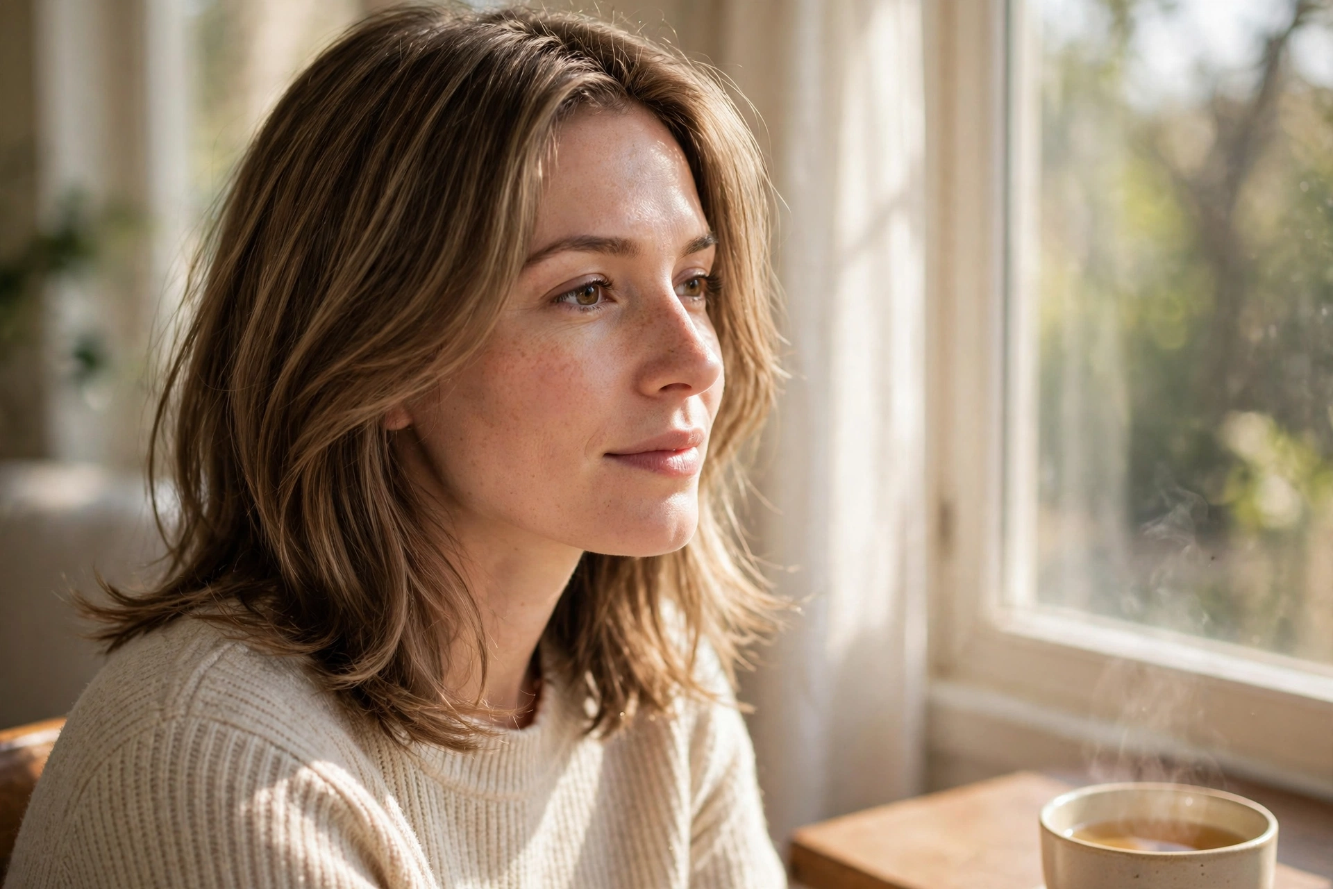 A woman with shoulder-length layers and softly blended ends, sitting by a sunny window with a cup of tea on a nearby table, shown from the shoulders up, wearing a cream knit sweater, daylight highlighting the smooth, rounded outline.