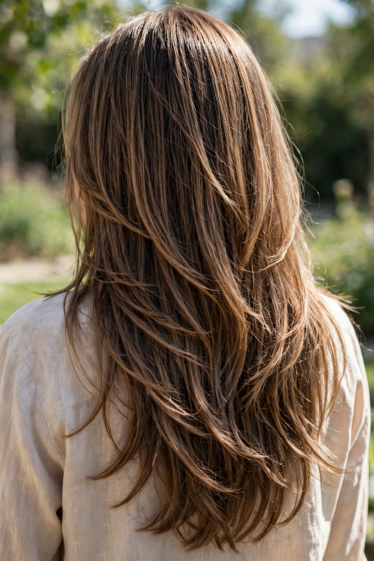 Back view of a woman with long layers and a flowing, blended finish, standing outdoors on a bright day with soft greenery blurred behind her, wearing a beige linen top, showing the seamless fall of the layers down her back.