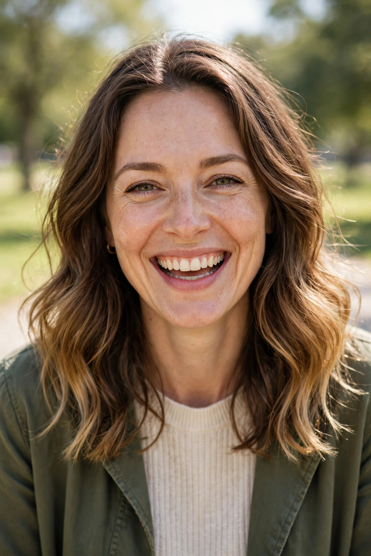 A woman with blended ends and a gentle wave, laughing softly while walking in a bright park, shown from the front chest up, wearing an olive jacket over a cream sweater and a small gold hoop earring, the soft, wavy ends framing her face in natural daylight.