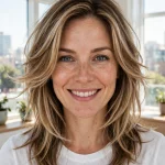 A woman with bright, open face-framing layers in blonde-highlighted hair sweeping away from her face, standing in a bright room with large windows and strong daylight, wearing a simple white top, facing the camera with a fresh, open expression, her features clearly visible within the layered frame, potted plants nearby.