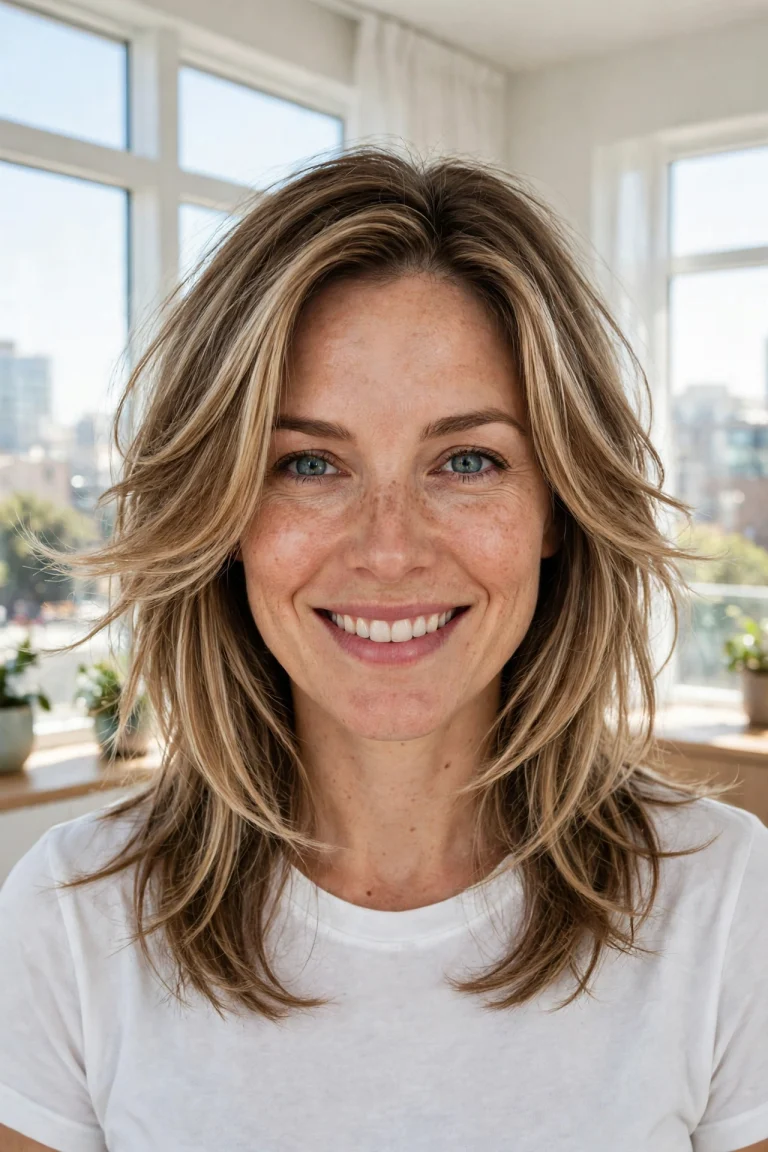 A woman with bright, open face-framing layers in blonde-highlighted hair sweeping away from her face, standing in a bright room with large windows and strong daylight, wearing a simple white top, facing the camera with a fresh, open expression, her features clearly visible within the layered frame, potted plants nearby.