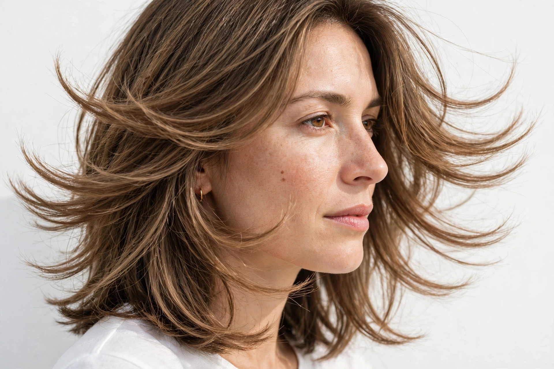 Close-up side profile of a woman with cheek layers sweeping outward in a breeze, photographed in bright daylight with a clean, light background, wearing a small gold hoop earring, the focus on how the layers open up her face.
