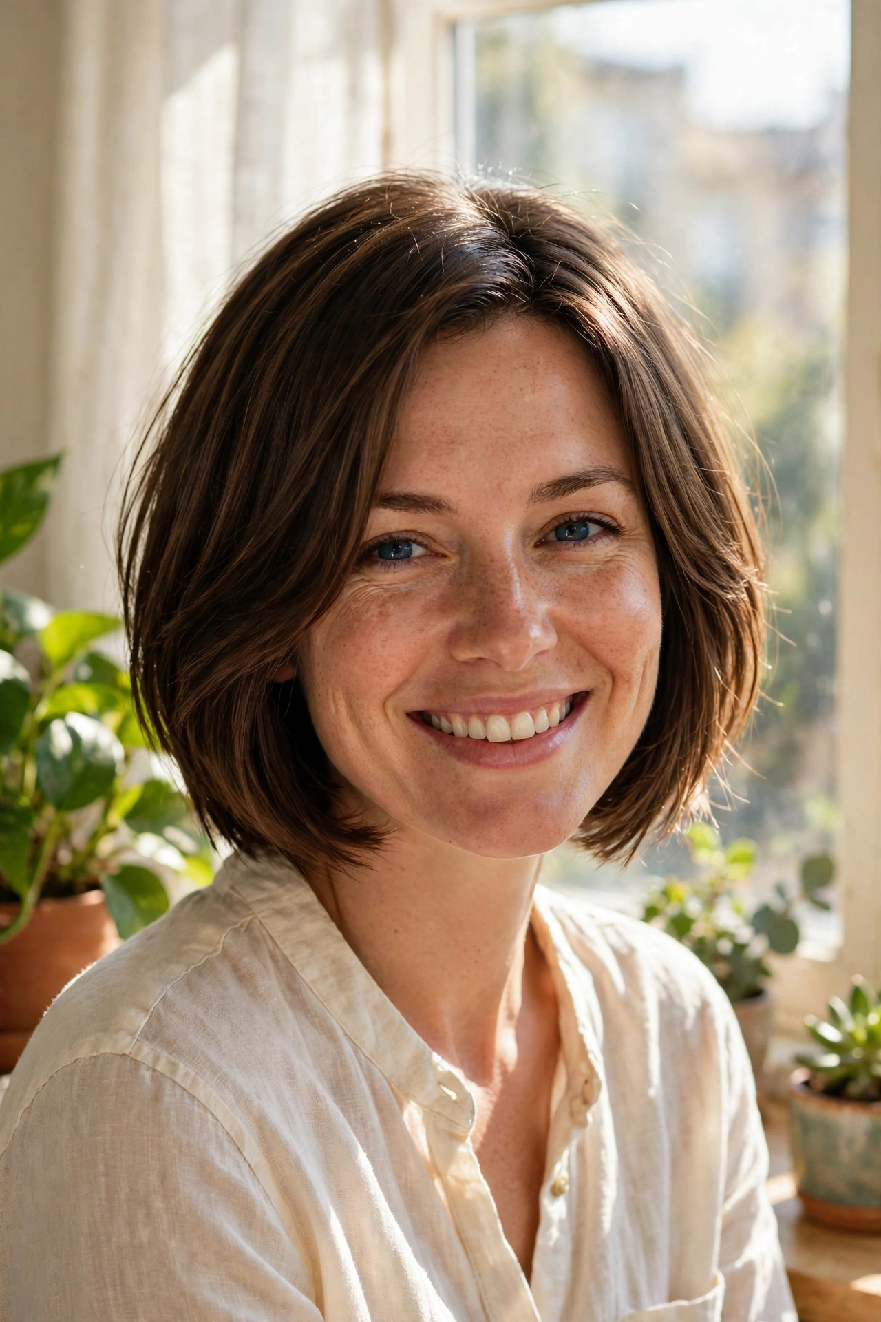 A woman with a layered bob frame in dark brown hair and an open, bright face, sitting by a sunny window with plants nearby, shown from the shoulders up, wearing a cream linen shirt, daylight highlighting the clear, fresh frame around her face.