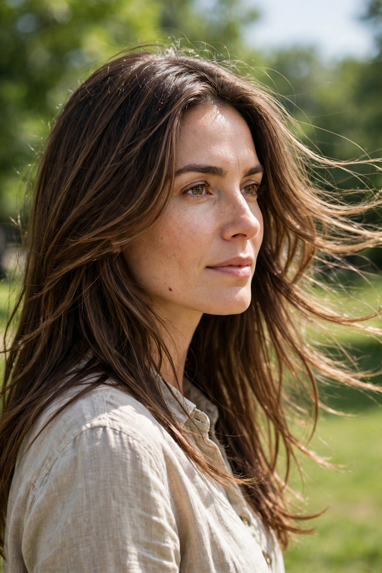 A woman with long hair and face-opening layers, standing outdoors on a bright day with soft greenery blurred behind her, shown from a three-quarter angle, wearing a beige linen shirt, the flowing front layers moving back from her face.