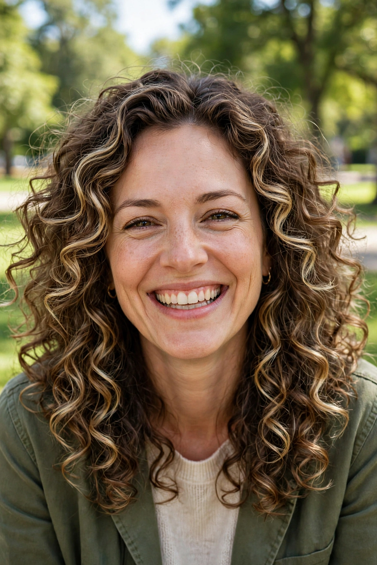 A woman with curly highlighted hair and brightening layers shaped away from her face, laughing gently in a bright park, shown from the front chest up, wearing an olive jacket over a cream sweater, her curls framing but not covering her face in natural daylight.