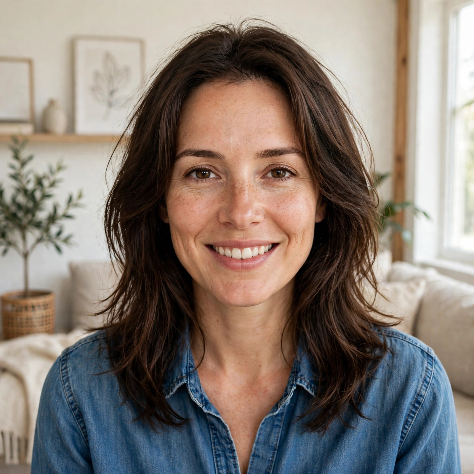 A woman with relaxed, medium-length everyday face-framing layers, standing in a bright, casual living room with soft daylight and simple decor, wearing a simple denim shirt, facing the camera with a natural, easy smile, her layers falling softly around her face.