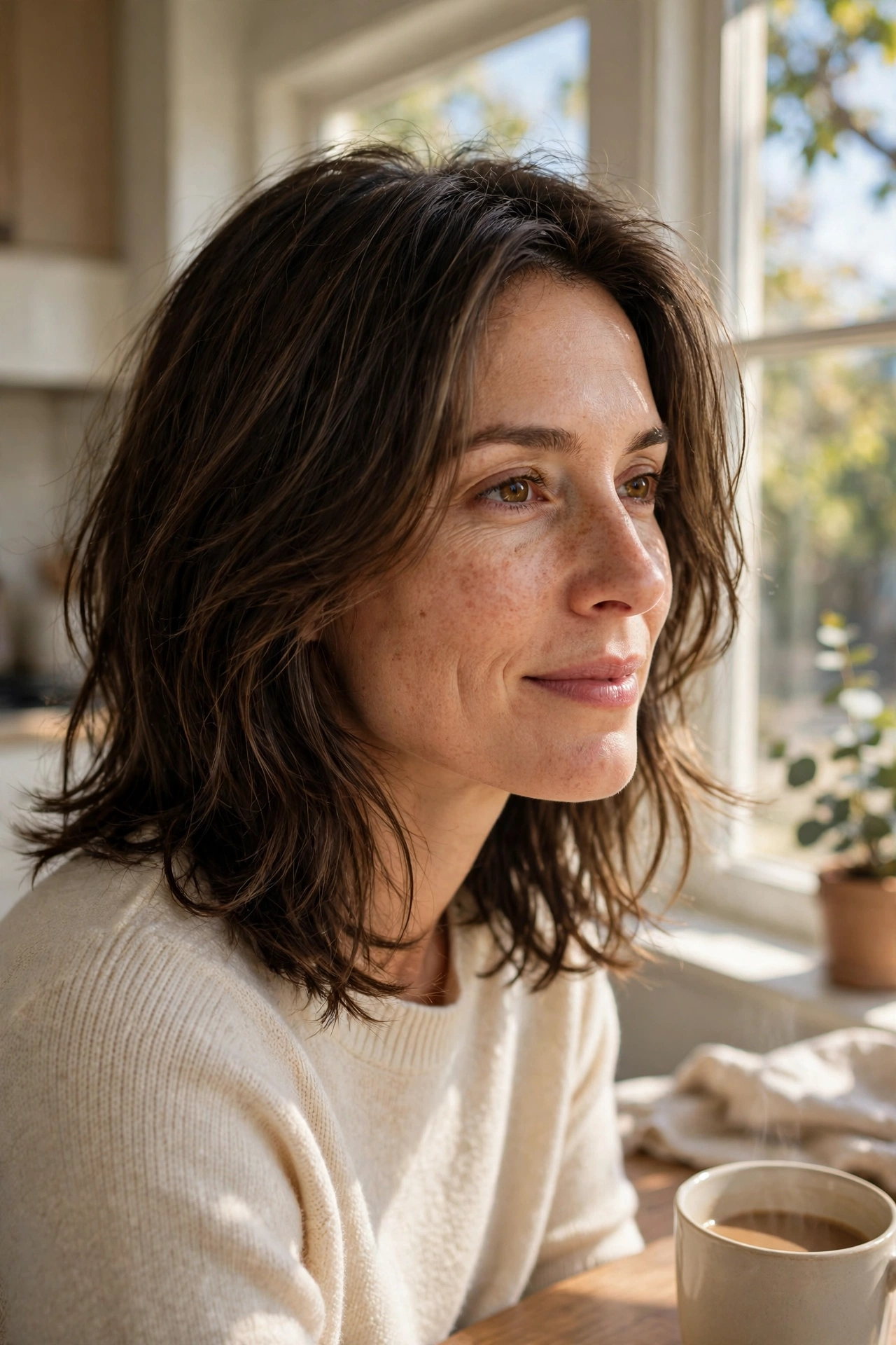 A woman with casual shoulder-length wavy dark layers, sitting by a sunny kitchen window with a mug of coffee on the table, shown from the shoulders up, wearing a cream sweater, daylight highlighting the relaxed, easy shape of the cut.