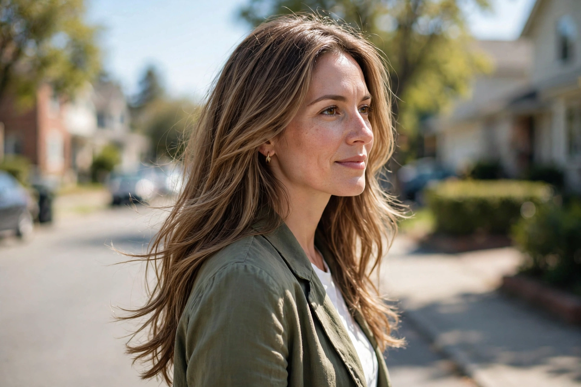 A woman with easy long highlighted layers, walking outdoors on a bright day in a neighbourhood street with soft houses blurred behind her, shown from a three-quarter angle, wearing an olive jacket and gold hoop earrings, the natural fall of the layers visible.