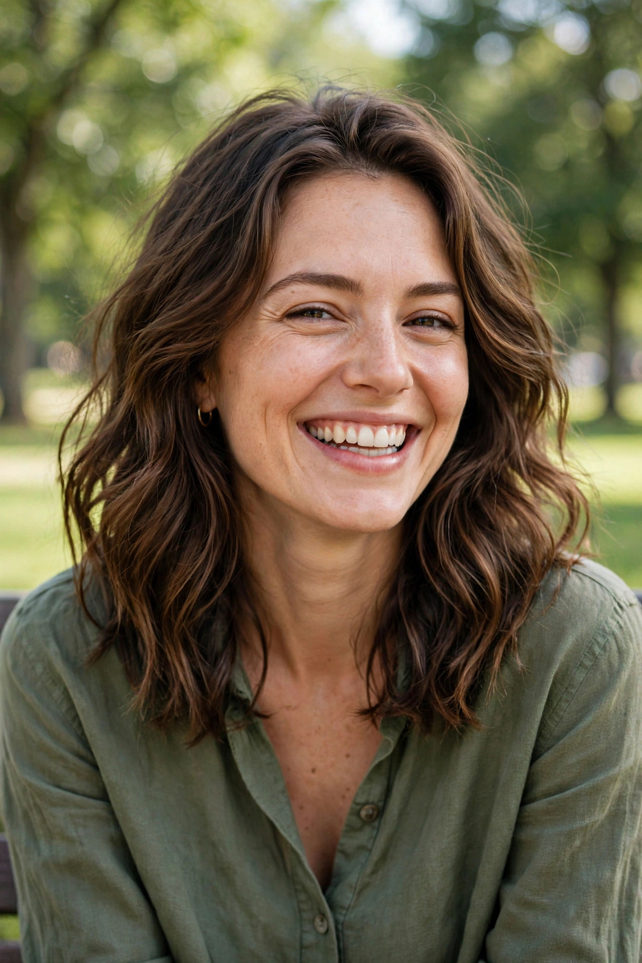 A woman with casual wavy layers, laughing gently while sitting in a bright park with green trees blurred in the background, shown from the front chest up, wearing an olive shirt and a gold hoop earring, her waves falling naturally around her face.