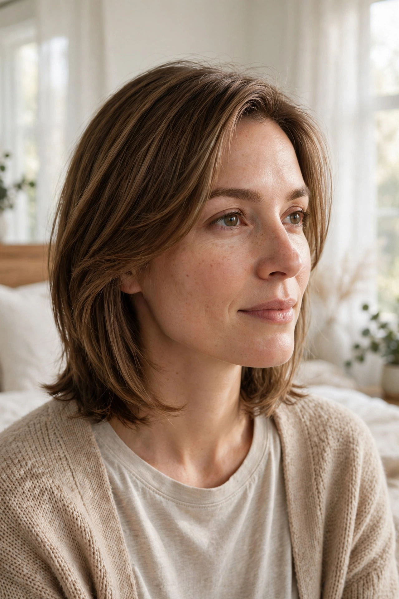 A woman with shoulder-length everyday layers and a soft side part, photographed in a bright, airy bedroom with morning light, shown from the shoulders up, facing slightly to the side, wearing a beige cardigan over a cream top, the soft sweep framing her face.