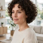 A woman with curly hair in a rounded cut with a balanced silhouette standing in a bright modern living room, curls full and evenly shaped around the face, wearing a simple cream sweater, soft daylight from large windows, photographed from a three-quarter front angle, clean bright style.