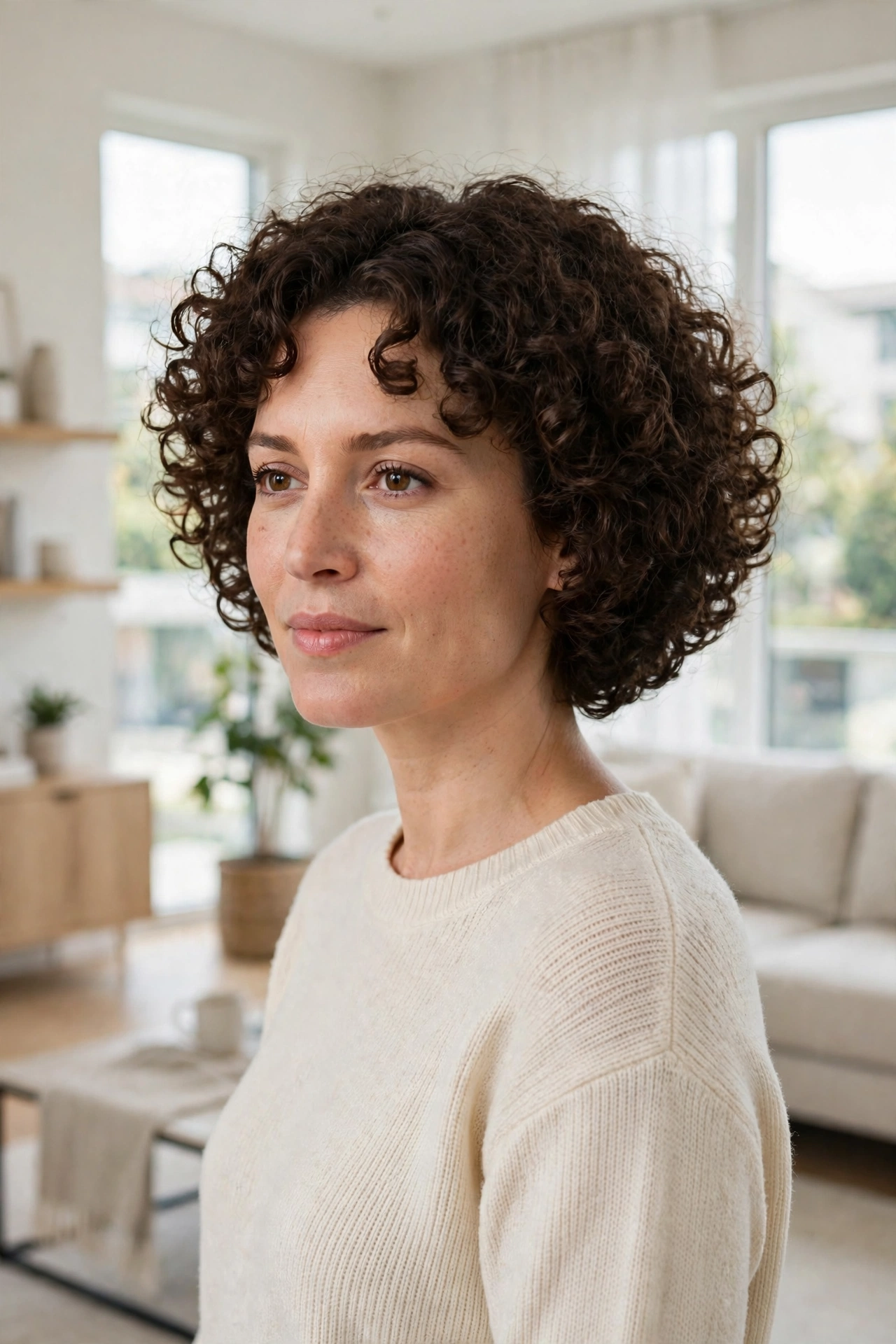 A woman with curly hair in a rounded cut with a balanced silhouette standing in a bright modern living room, curls full and evenly shaped around the face, wearing a simple cream sweater, soft daylight from large windows, photographed from a three-quarter front angle, clean bright style.