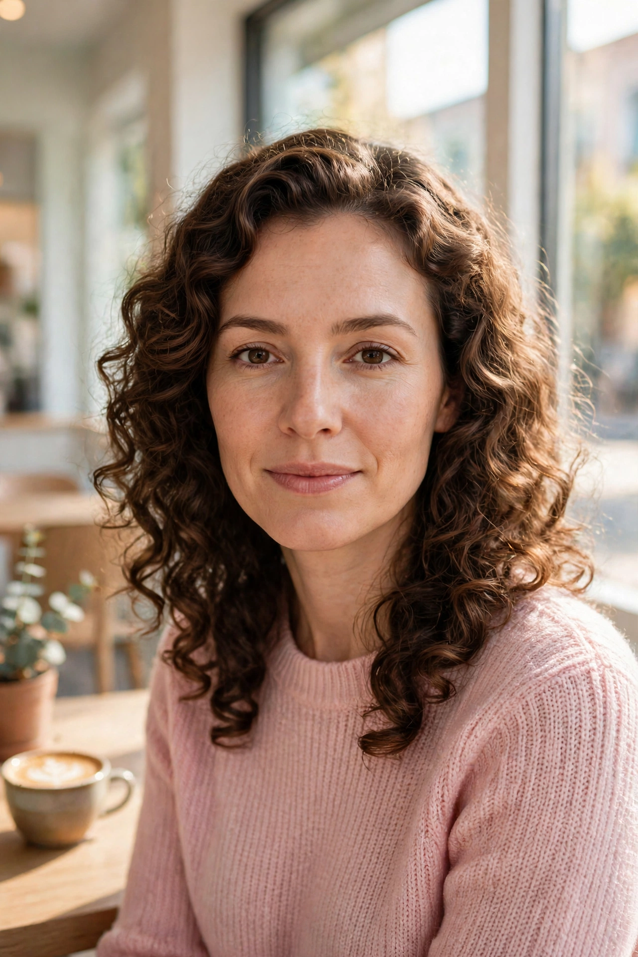 A woman with curly hair in a shoulder-length cut with a curved outline sitting in a bright café by a window, curls falling in a soft arc past the shoulders, wearing a light pink sweater, warm daylight, photographed from the front at eye level, clean bright style.