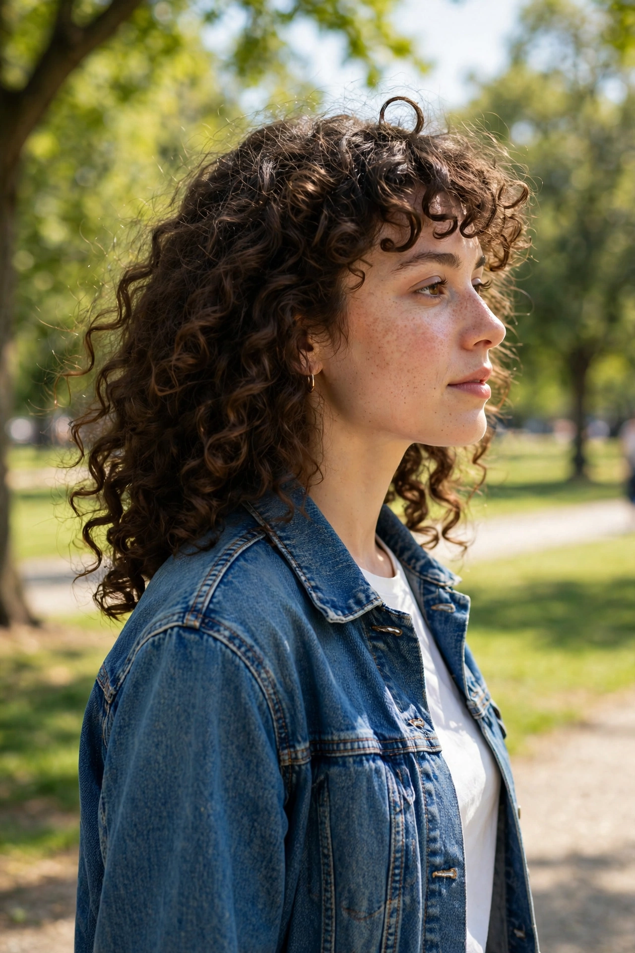 A woman with curly hair with a fringe that springs naturally walking in a bright park, soft curly fringe above the forehead with full curls below, wearing a denim jacket, soft sunlight, photographed from a side angle, clean bright style.