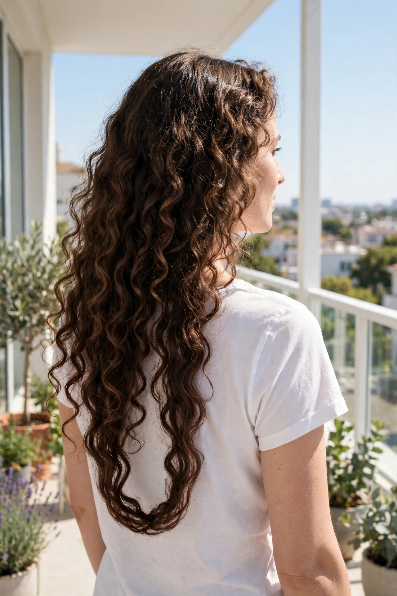 A woman with long curly hair in a U-shaped back cut standing on a bright balcony, long curls flowing in a graceful curve down the back, wearing a simple white top, bright daylight, photographed from behind at a three-quarter angle, clean bright style.