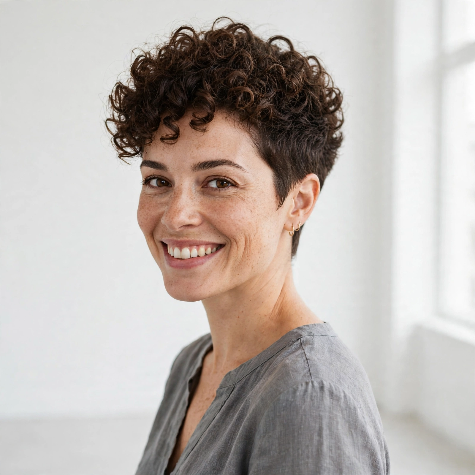A woman with short curly hair with a tapered neckline smiling in a bright minimalist studio, short curls full on top with a tidy tapered back, wearing a gray blouse, even daylight, photographed from a three-quarter angle, clean bright style.