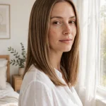 A woman with fine hair in a collarbone-length blunt cut standing in a bright bedroom near a window, hair looking full and smooth with a solid hemline, wearing a simple white blouse, soft morning light, photographed from a three-quarter front angle, clean bright style.