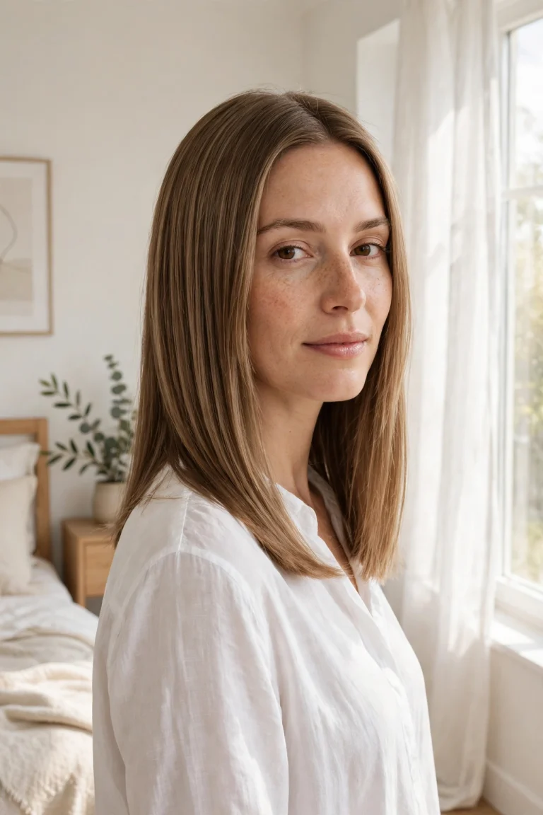 A woman with fine hair in a collarbone-length blunt cut standing in a bright bedroom near a window, hair looking full and smooth with a solid hemline, wearing a simple white blouse, soft morning light, photographed from a three-quarter front angle, clean bright style.