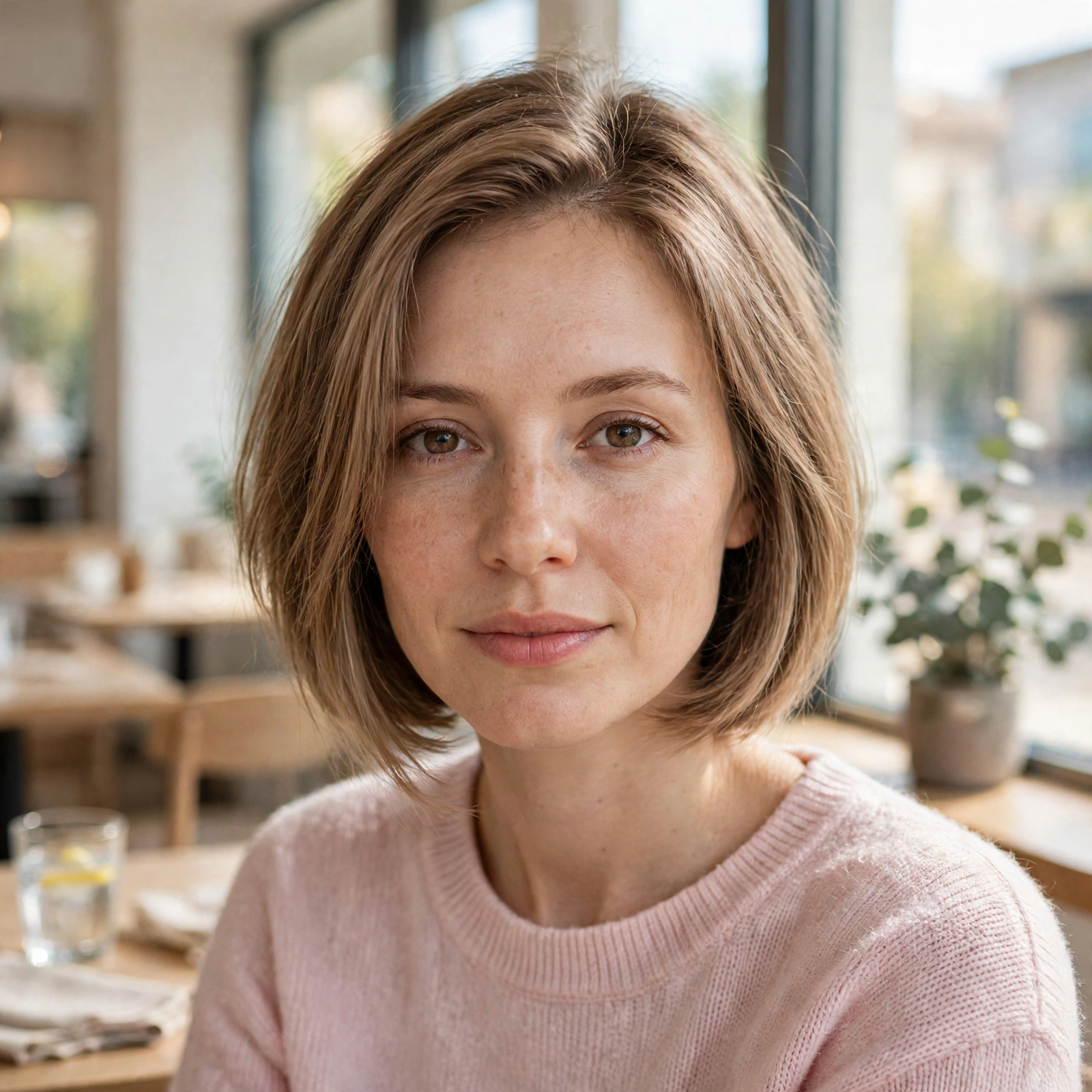 A woman with fine hair in a graduated bob sitting in a bright café by a window, bob fuller at the back with longer front pieces framing the face, wearing a light pink sweater, warm daylight, photographed from the front at eye level, clean bright style.