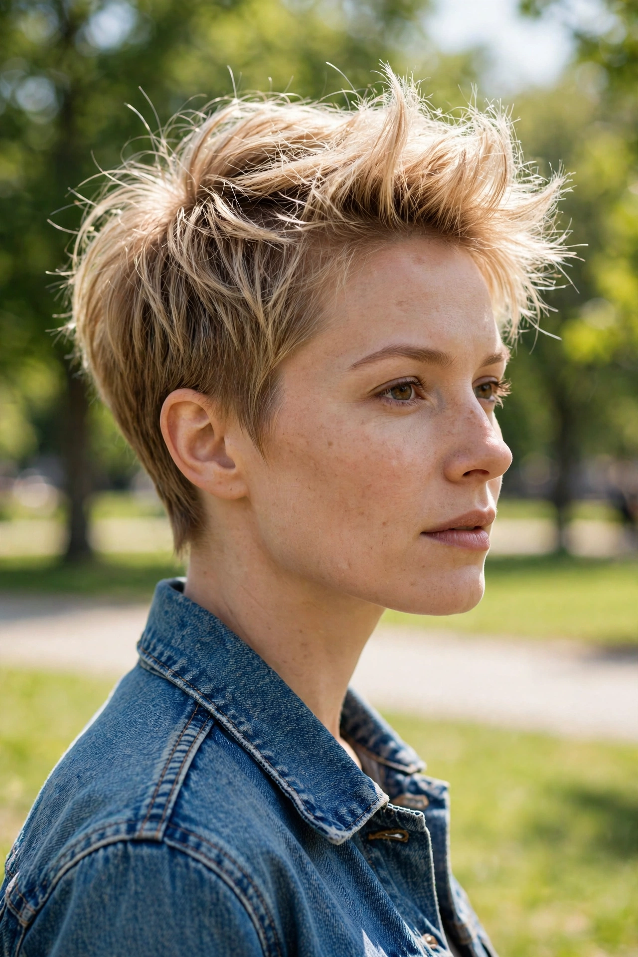 A woman with fine hair in a piecey crop with a lifted crown walking in a bright park, short textured top layers catching soft sunlight, wearing a denim jacket, photographed from a slight side angle, clean bright style.