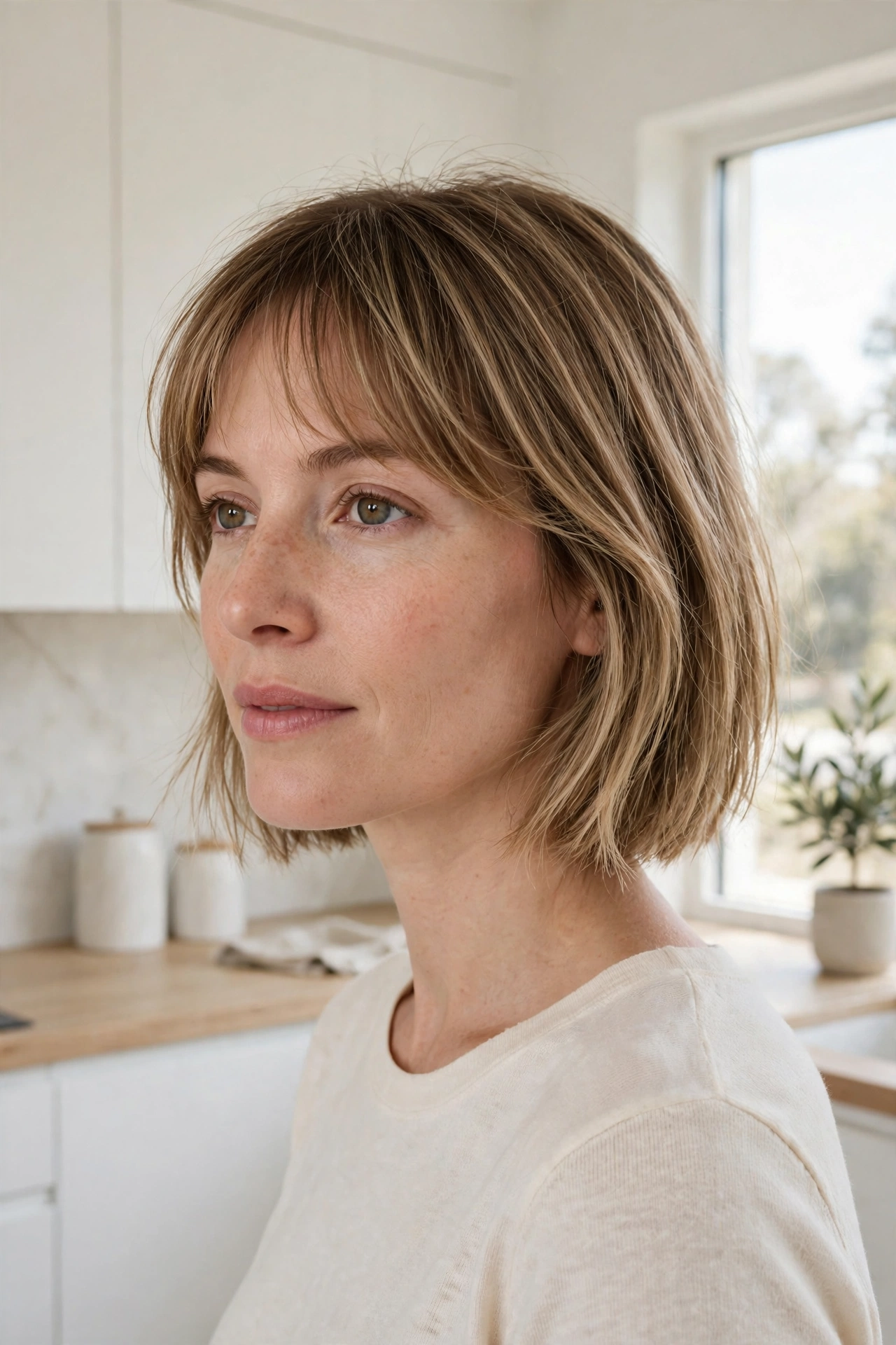 A woman with fine hair in a chin bob with wispy bangs standing in a bright minimalist kitchen, soft fringe falling lightly across the forehead, wearing a cream top, daylight from a large window, photographed from a three-quarter angle, clean bright style.