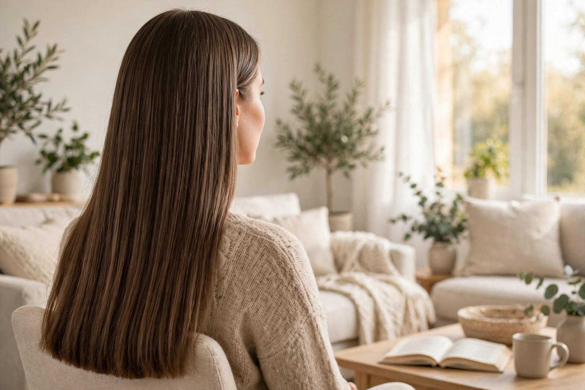 A woman with fine long hair with a thick even hemline sitting in a bright airy living room, long hair falling smoothly past the shoulders, wearing a soft beige sweater, warm daylight, photographed from behind at a three-quarter angle, clean bright style.