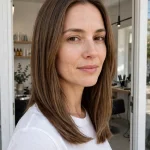 A woman with a fresh collarbone chop standing in a bright modern salon doorway, healthy even ends with a smooth fall, wearing a simple white top, gentle daylight, photographed from a three-quarter front angle, clean bright style.