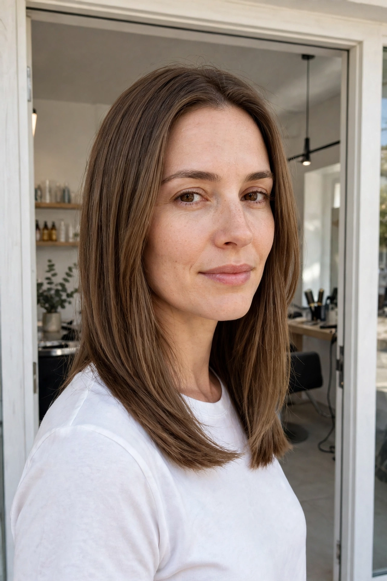 A woman with a fresh collarbone chop standing in a bright modern salon doorway, healthy even ends with a smooth fall, wearing a simple white top, gentle daylight, photographed from a three-quarter front angle, clean bright style.