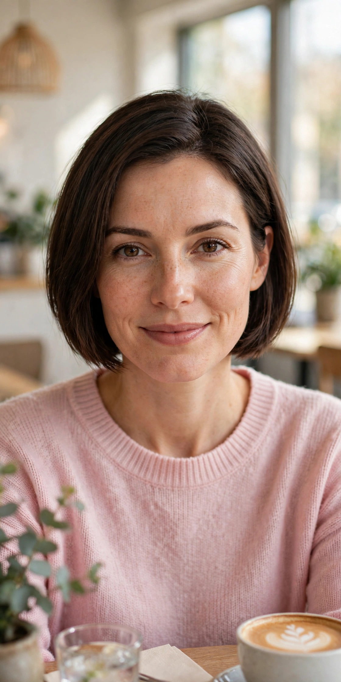 A woman with a jaw bob sitting in a bright café, short healthy hair with a crisp outline, wearing a light pink sweater, warm daylight, photographed from the front at eye level, clean bright style.