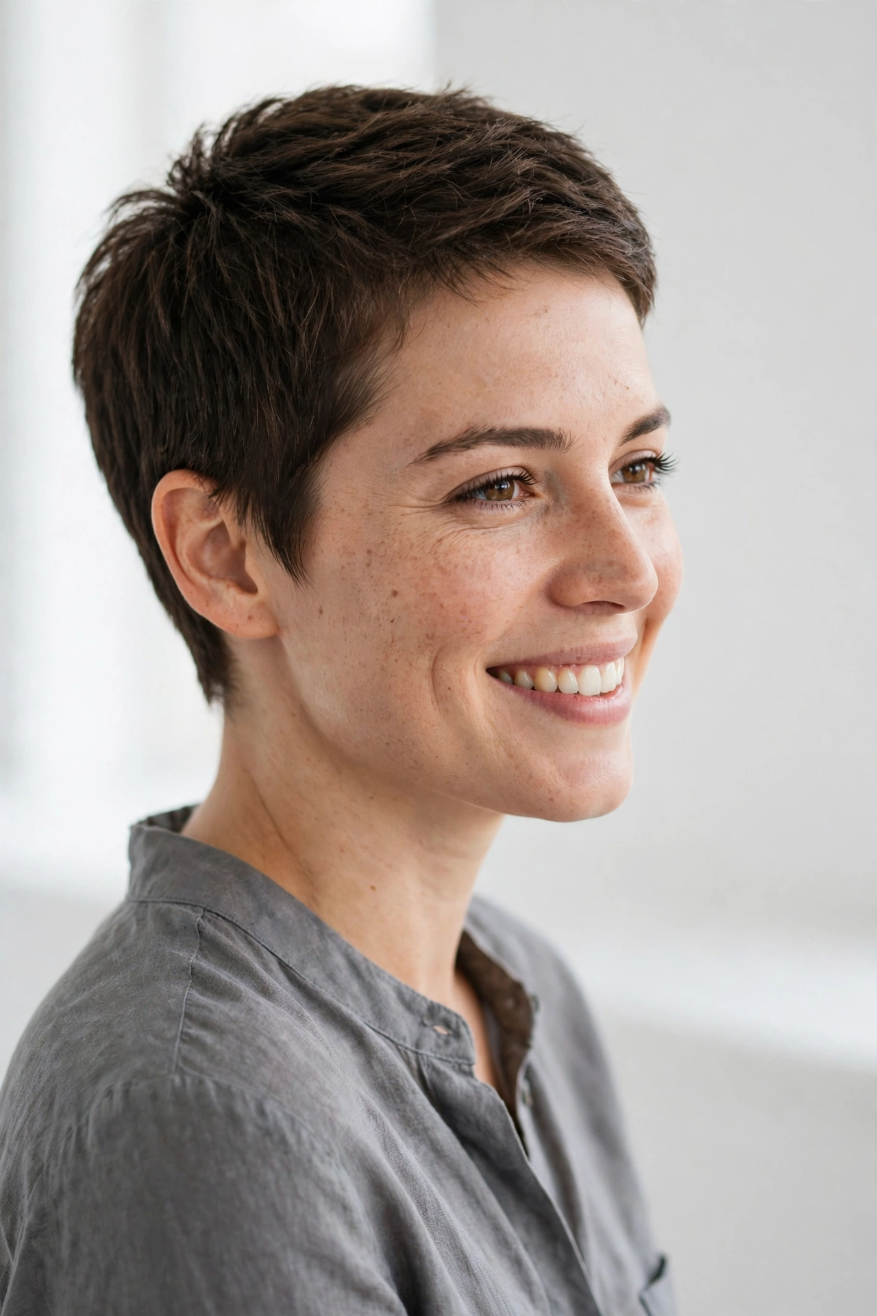 A woman with a soft crop smiling in a bright minimalist studio, short textured healthy hair, wearing a gray blouse, even daylight, photographed from a three-quarter angle, clean bright style.