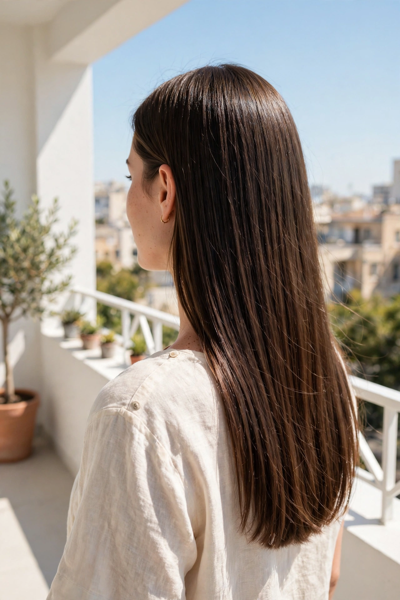 A woman with a long cut with healthy ends standing on a bright balcony, long hair falling smoothly with strong ends, wearing a cream top, bright daylight, photographed from behind at a three-quarter angle, clean bright style.
