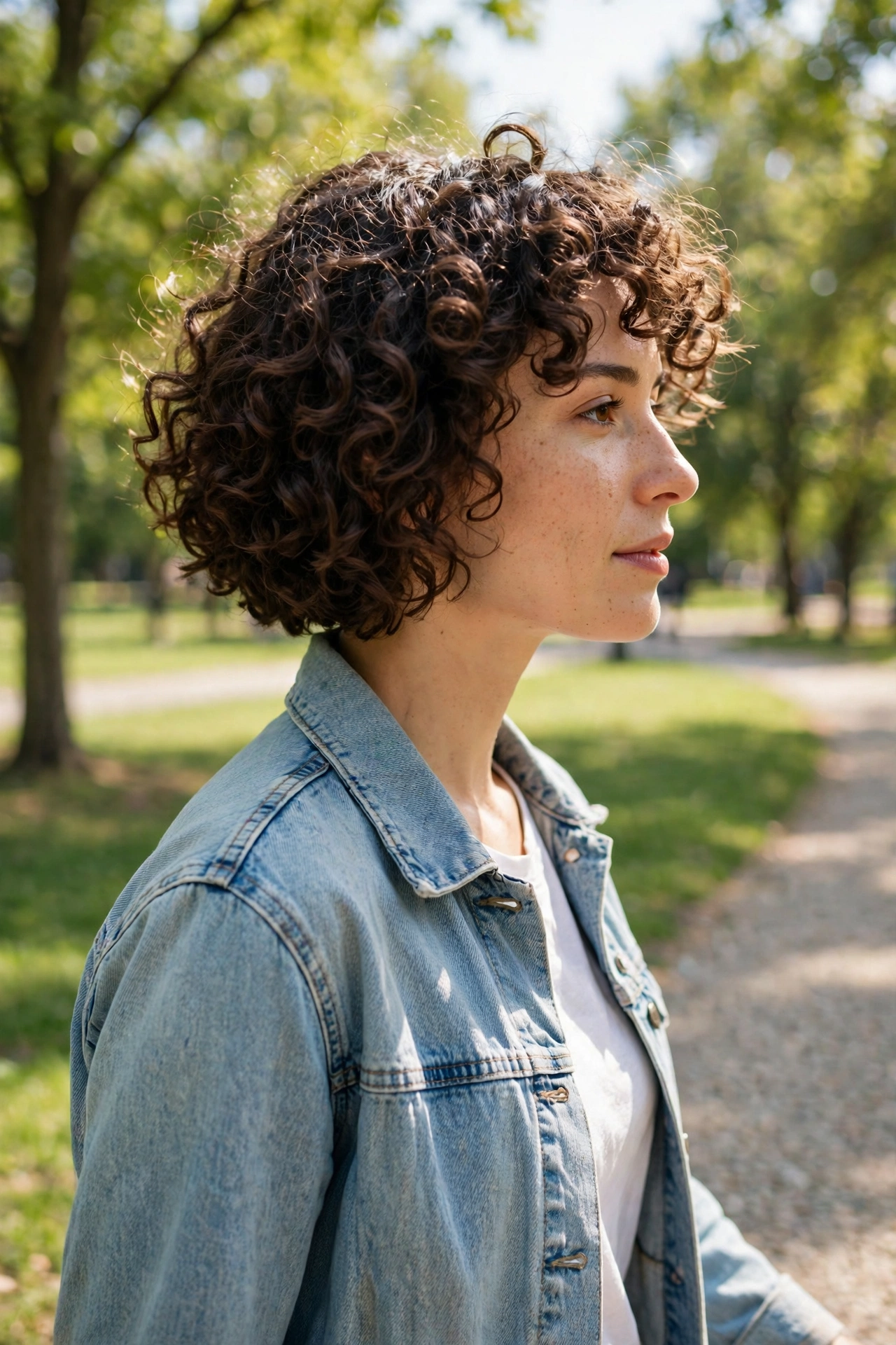 A woman with a curl bob walking in a bright park, curls springy and defined after a fresh cut, wearing a light denim jacket, soft sunlight, photographed from a side angle, clean bright style.
