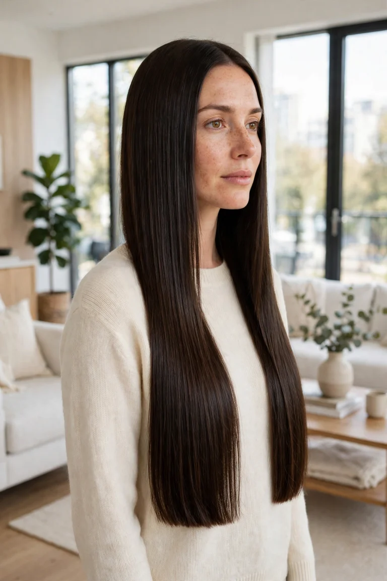A woman with long hair in a cut with a glassy hemline standing in a bright modern living room, long hair falling evenly past the chest with a solid healthy edge, wearing a simple cream sweater, soft daylight from large windows, photographed from a three-quarter front angle, clean bright style.