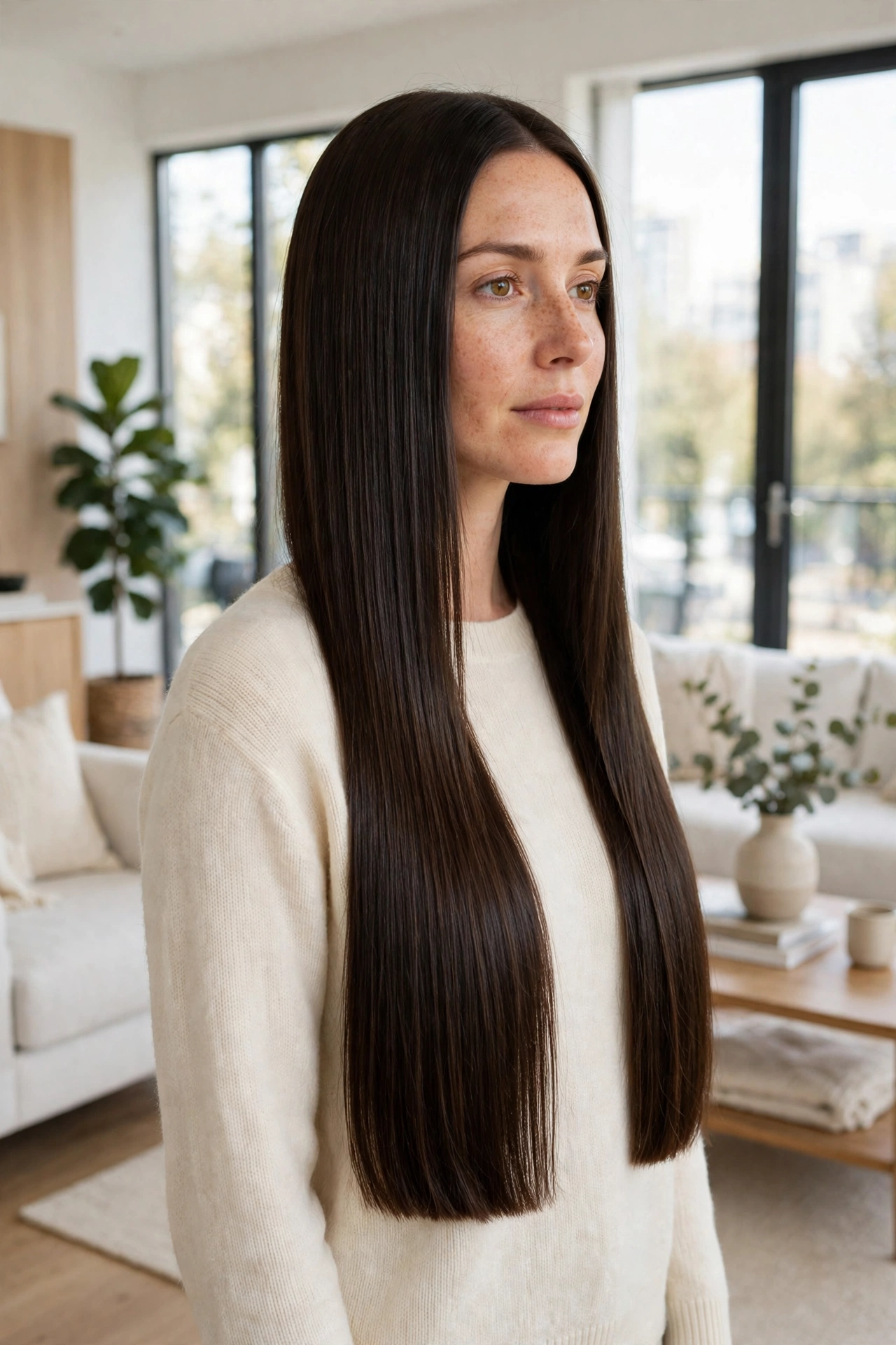 A woman with long hair in a cut with a glassy hemline standing in a bright modern living room, long hair falling evenly past the chest with a solid healthy edge, wearing a simple cream sweater, soft daylight from large windows, photographed from a three-quarter front angle, clean bright style.