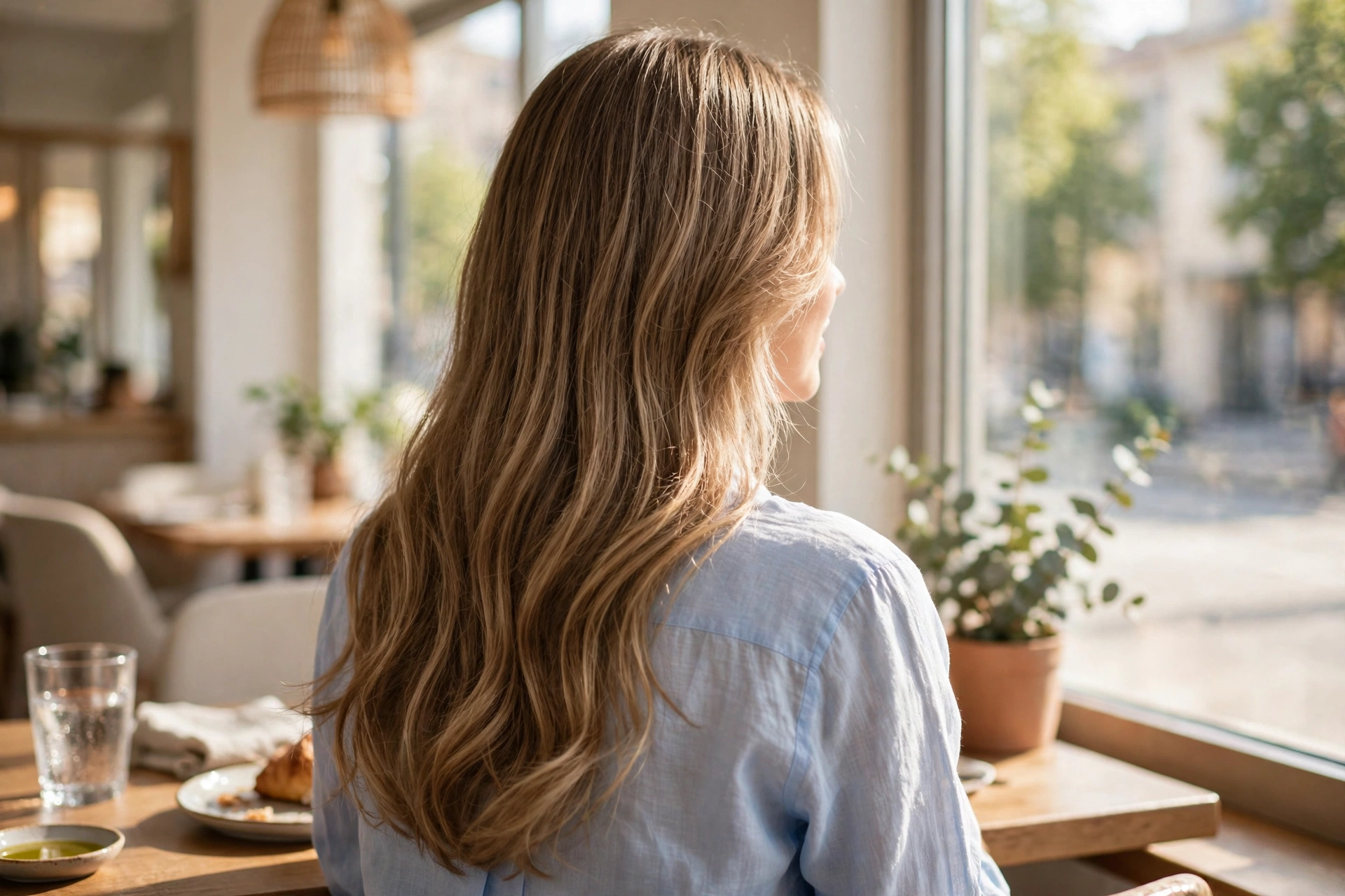 A woman with long hair in a rounded V back cut sitting in a bright café by a window, long hair flowing gracefully down the back, wearing a light blue blouse, warm daylight, photographed from behind at a three-quarter angle, clean bright style.