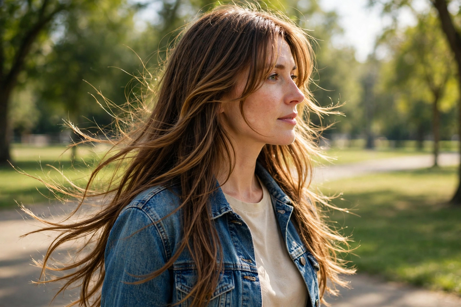 A woman with long hair with a cheekbone frame walking in a bright park, soft framing pieces falling around the face with long lengths below, wearing a denim jacket, soft sunlight, photographed from a side angle, clean bright style.