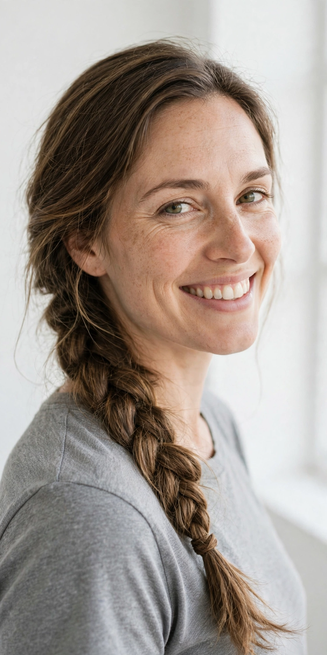 A woman with long hair in a braid-friendly even length smiling in a bright minimalist studio, long hair gathered into a loose side braid, wearing a gray top, even daylight, photographed from a three-quarter angle, clean bright style.