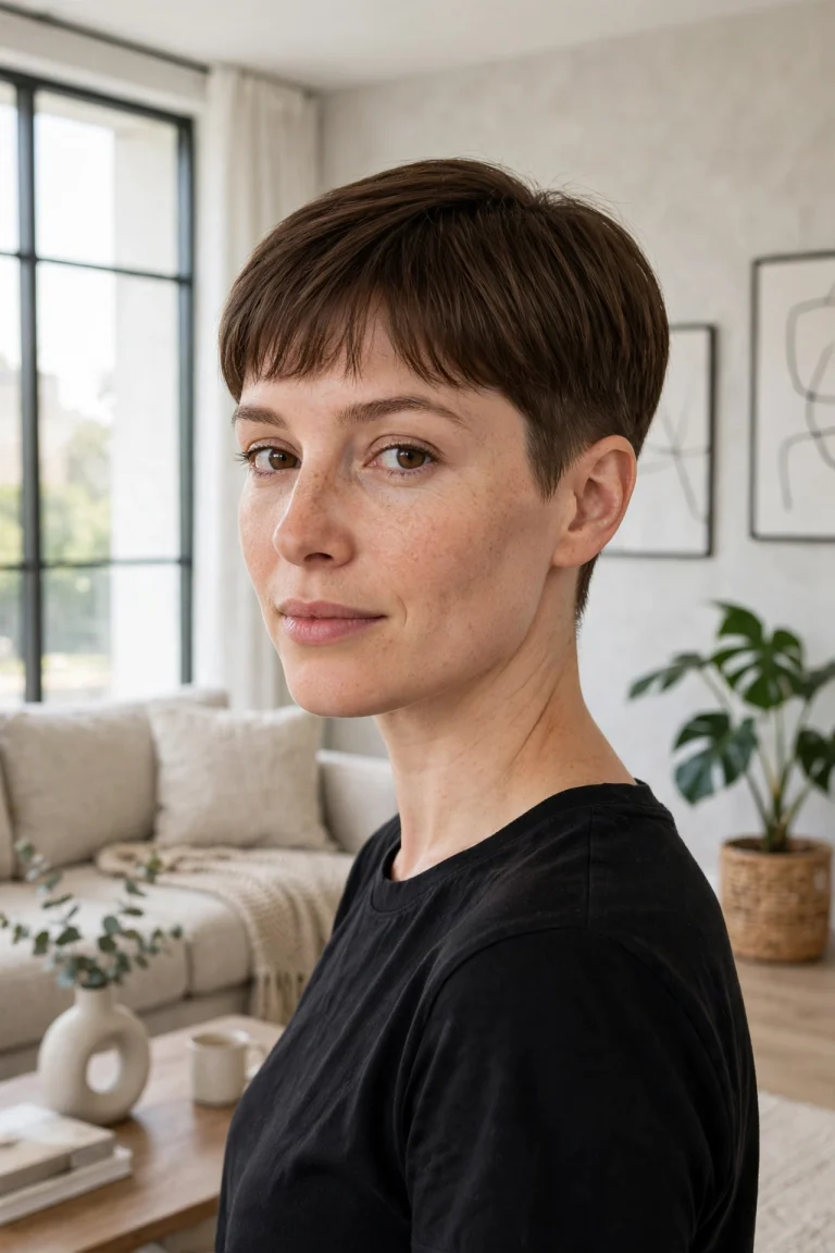 A woman with a French crop with a soft fringe standing in a bright modern living room, short hair neat at the sides with a gentle fringe across the forehead, wearing a simple black top, soft daylight from large windows, three-quarter front angle, clean bright style.