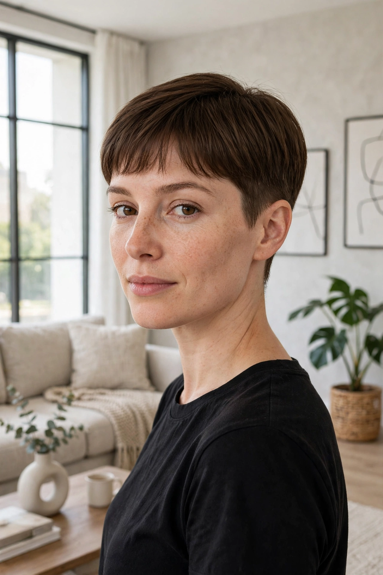 A woman with a French crop with a soft fringe standing in a bright modern living room, short hair neat at the sides with a gentle fringe across the forehead, wearing a simple black top, soft daylight from large windows, three-quarter front angle, clean bright style.