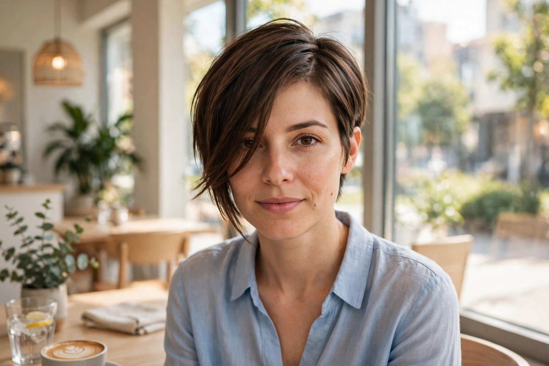 A woman with an asymmetrical short cut with a deep part sitting in a bright cafe by a window, one side slightly longer and swept across the face, wearing a light blue blouse, warm daylight, front at eye level, clean bright style.