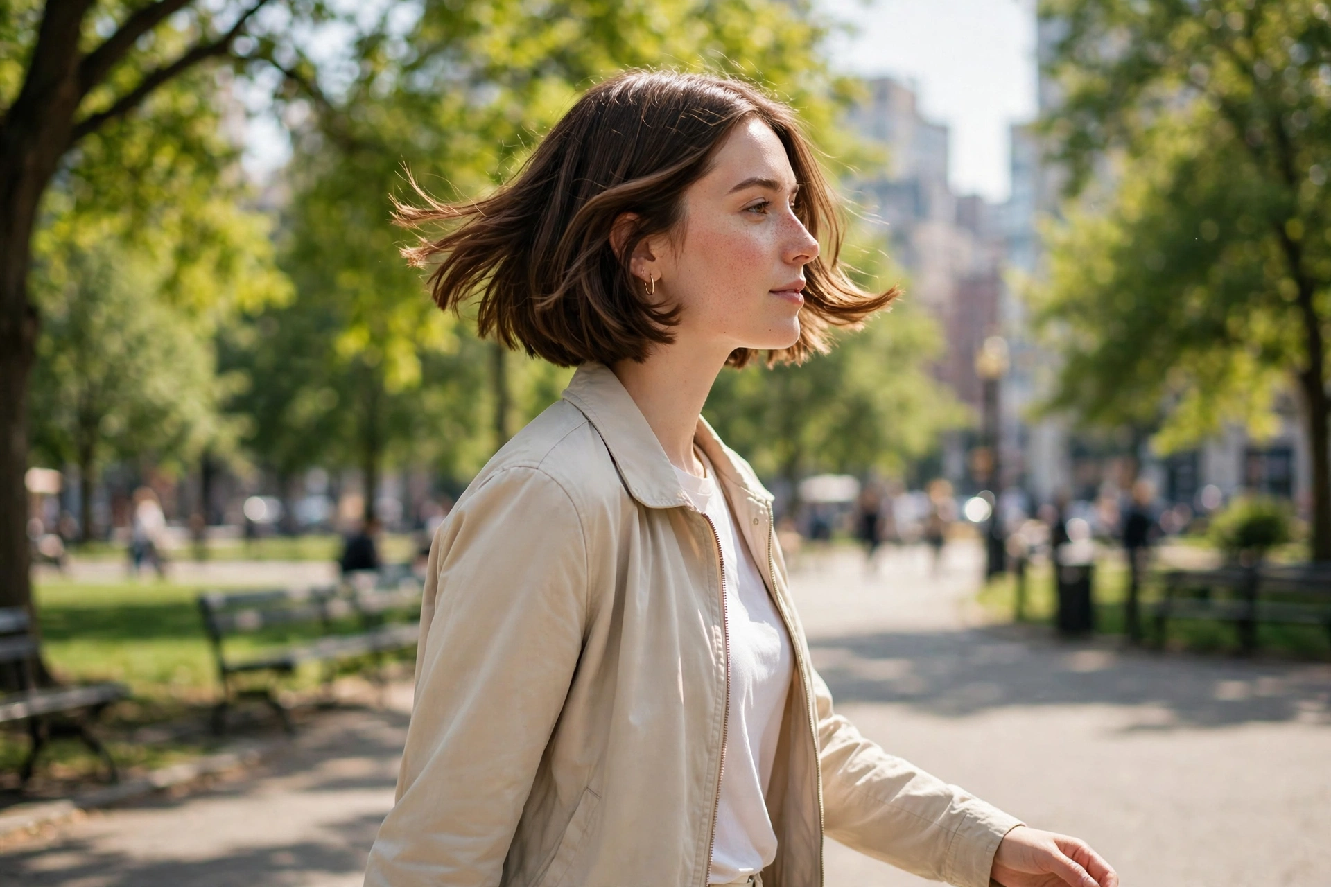 A woman with a mini bob with flipped ends walking in a bright city park, short bob ends turning playfully outward, wearing a light jacket, soft sunlight, side angle, clean bright style.