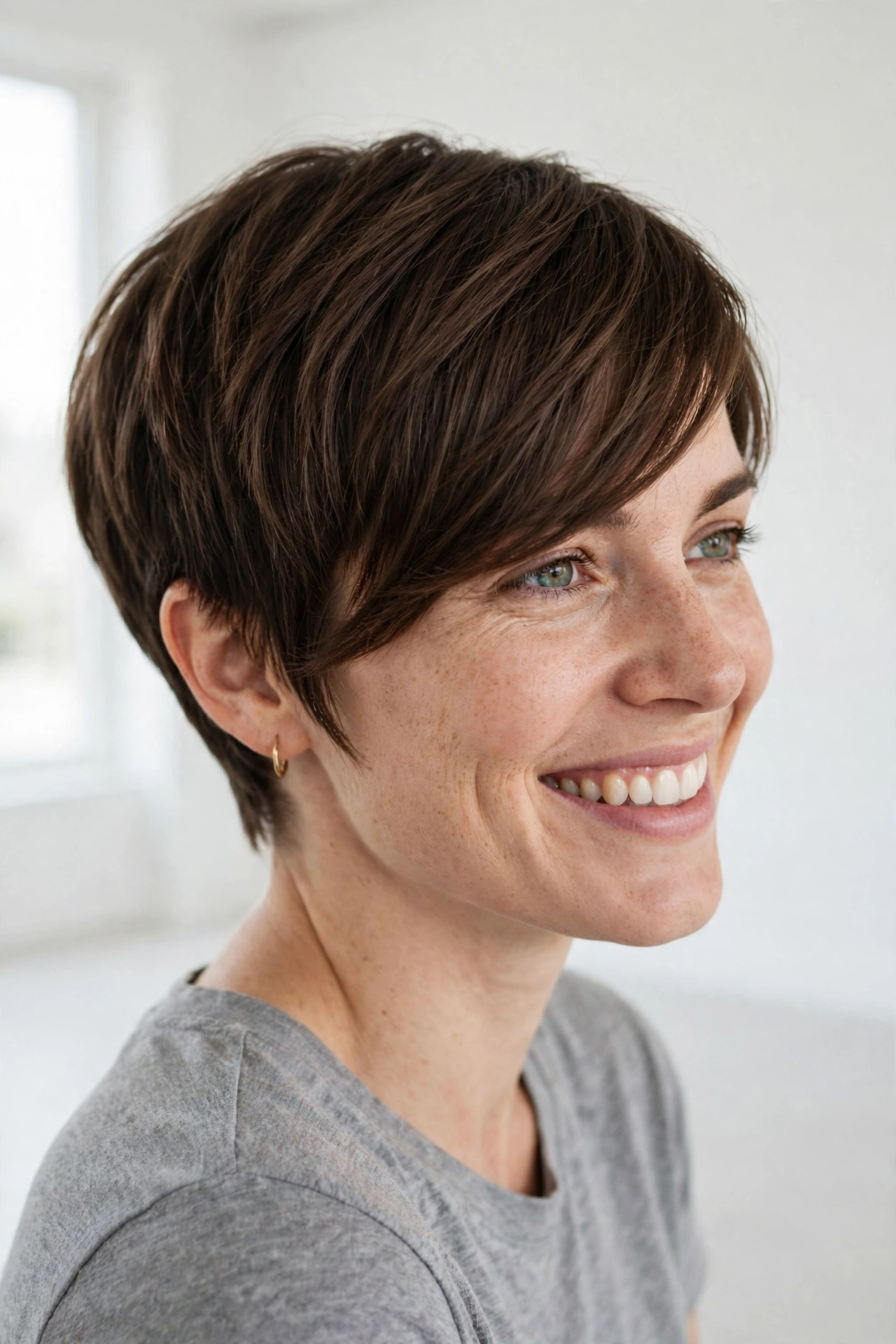 A woman with a pixie with a long side sweep smiling in a bright minimalist studio, long sweeping section falling across the forehead, wearing a gray top, even daylight, three-quarter angle, clean bright style.