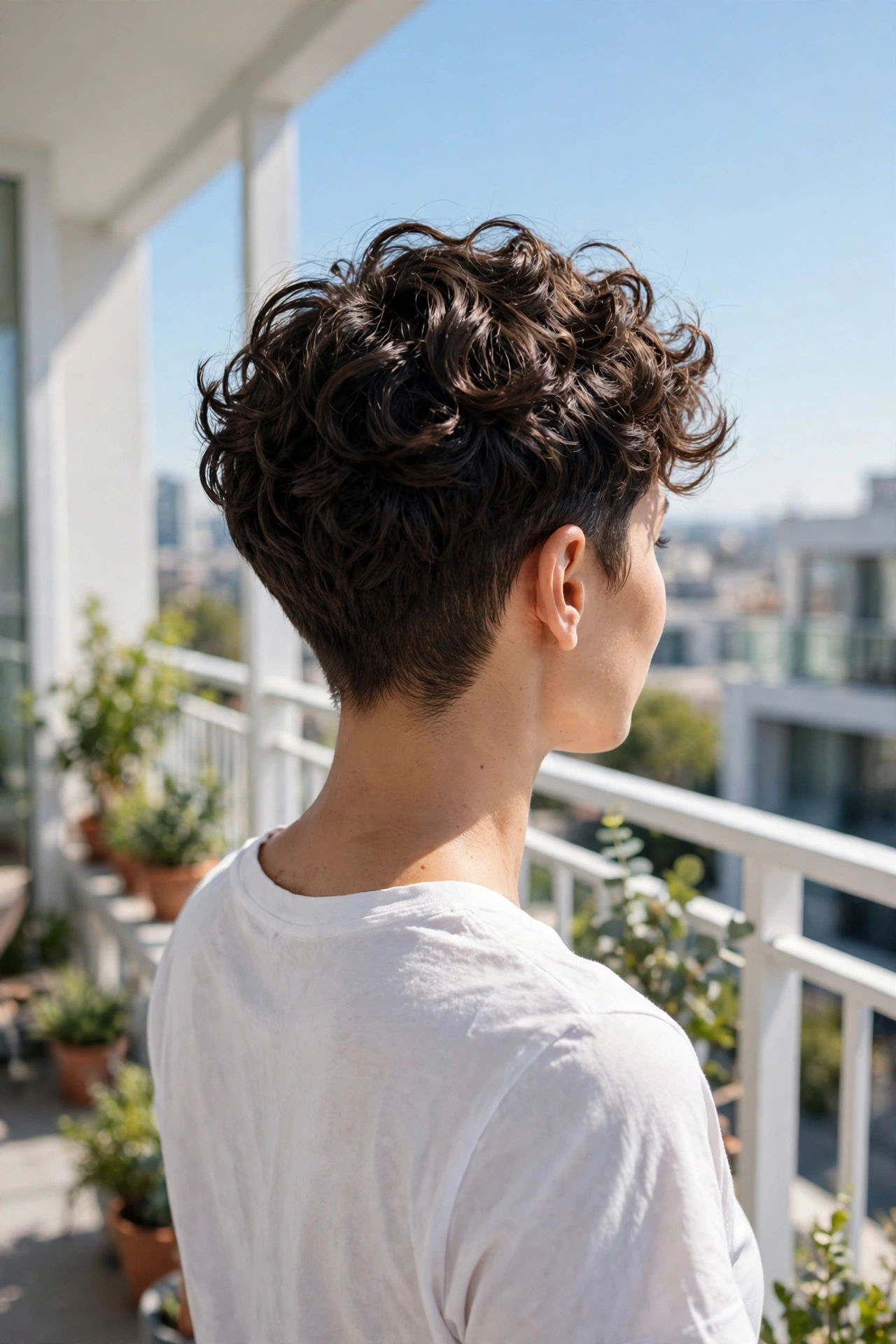 A woman with a short cut with soft curls on top standing on a bright balcony, curls lively on top with neat short sides, wearing a simple white top, bright daylight, from behind at a three-quarter angle, clean bright style.