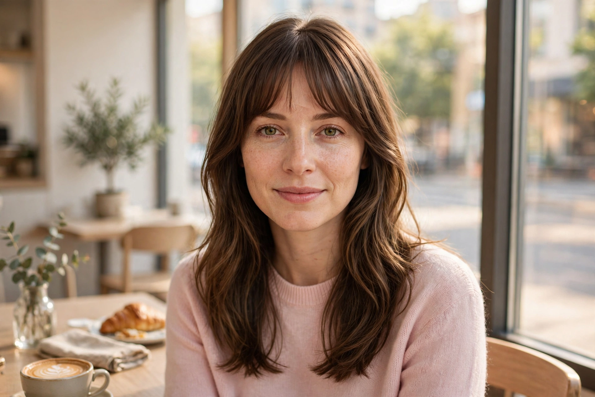 A woman with medium hair with a bottleneck fringe sitting in a bright cafe by a window, soft fringe framing the face with medium lengths falling past the shoulders, wearing a light pink sweater, warm daylight, front at eye level, clean bright style.