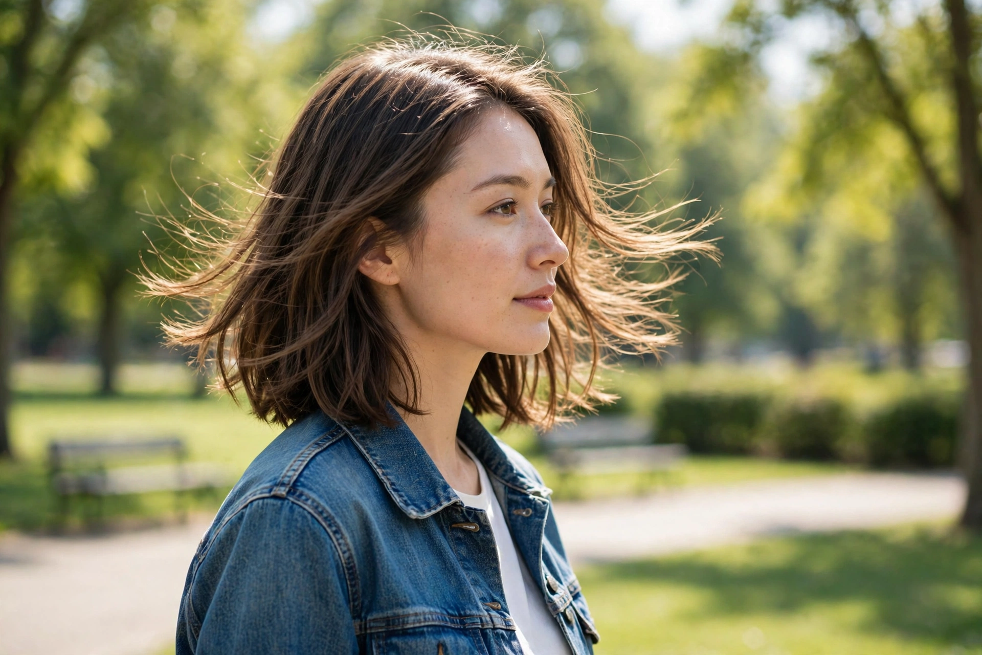 A woman with medium hair in a shoulder-to-chest cut, wearing a denim jacket, walking in a bright park in soft sunlight, photographed from a side angle, clean bright style.
