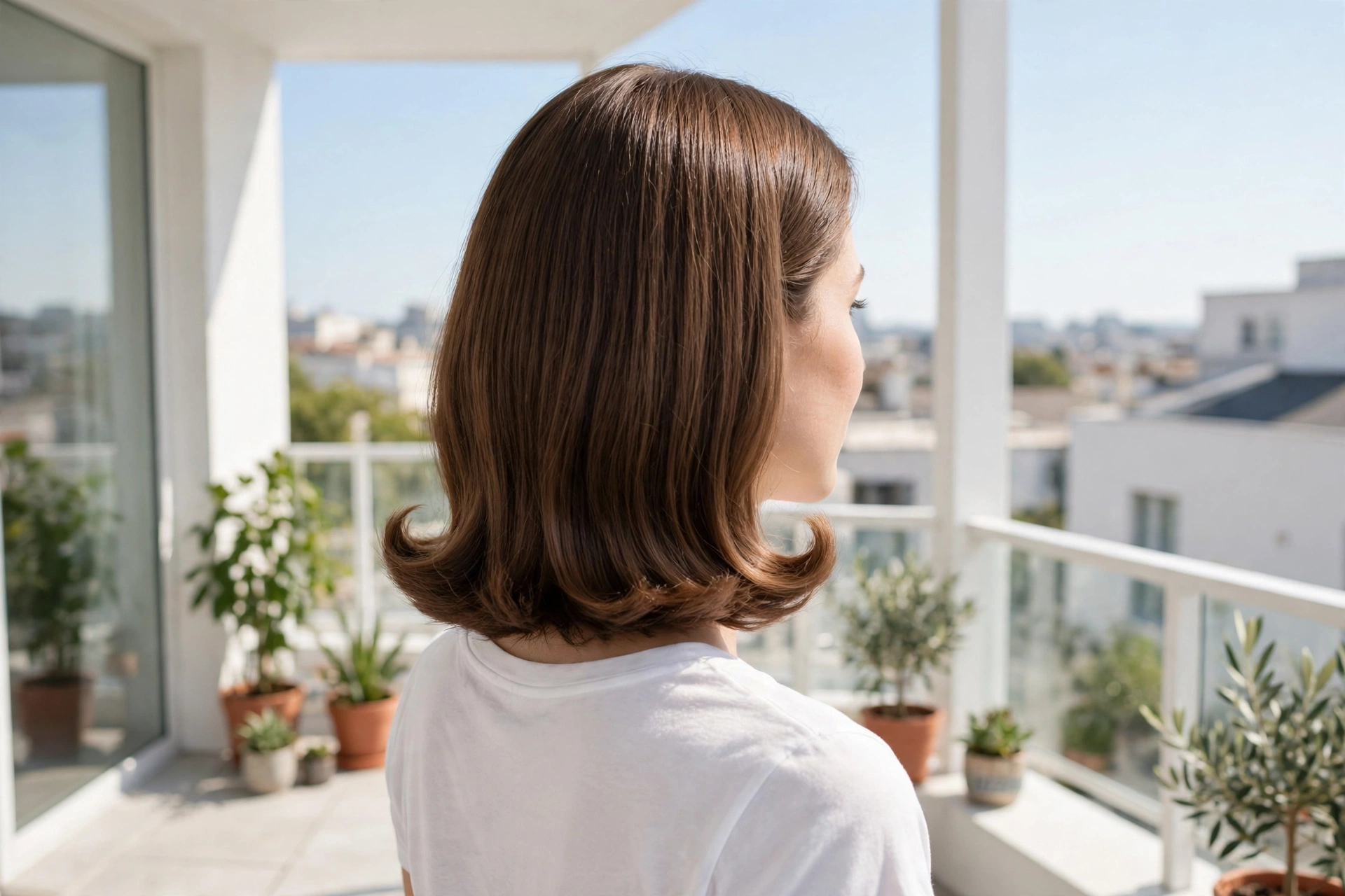 A woman with medium hair in a mid-length cut with a flipped-under back standing on a bright balcony, ends curving neatly underneath, wearing a simple white top, bright daylight, from behind at a three-quarter angle, clean bright style.