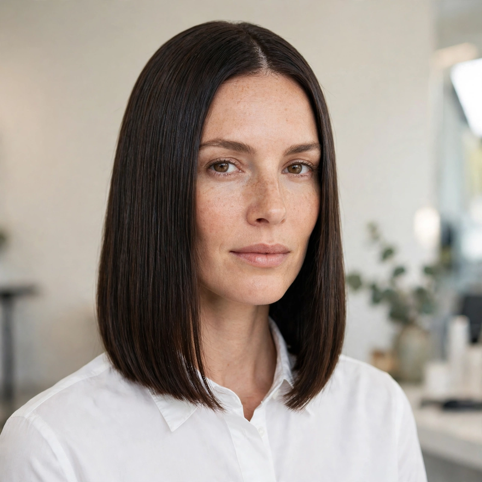 A woman with a sleek, one-length blunt lob ending at the collarbone, styled smooth with a glossy finish, photographed in a bright salon studio against a soft neutral background, facing the camera from the shoulders up, wearing a simple white blouse, with the crisp blunt edge clearly visible.