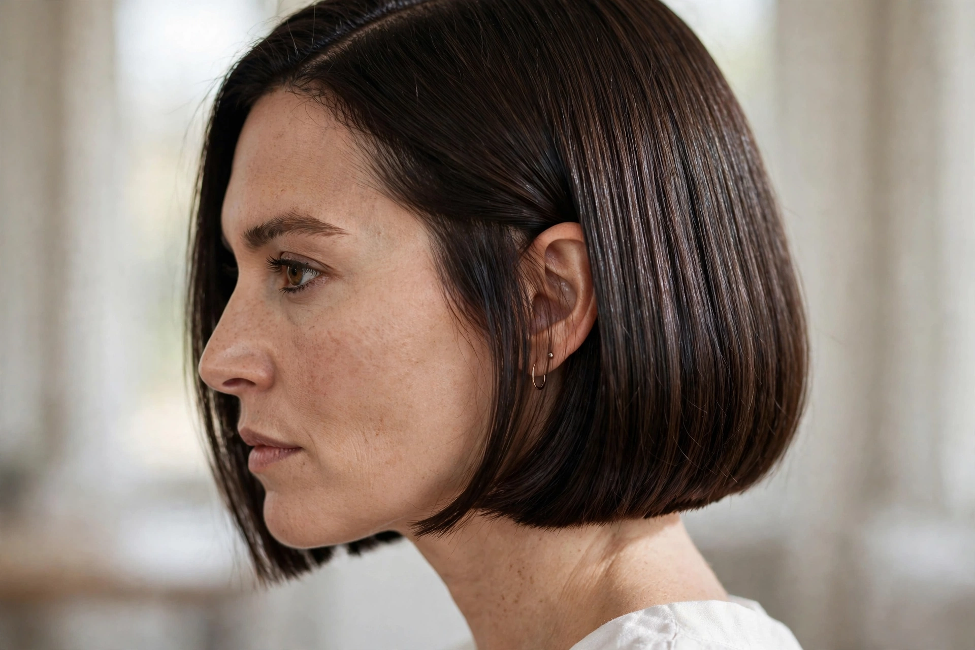 Close-up side view of a woman with a chin-grazing blunt lob and a deep side part, showing the clean, even perimeter and smooth, shiny strands, photographed in soft daylight indoors.
